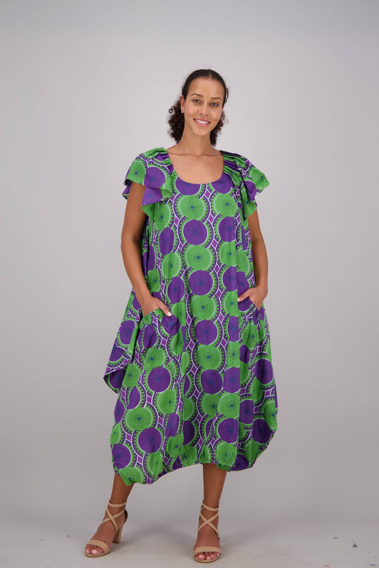 Purple and Green tribal print balloon dress