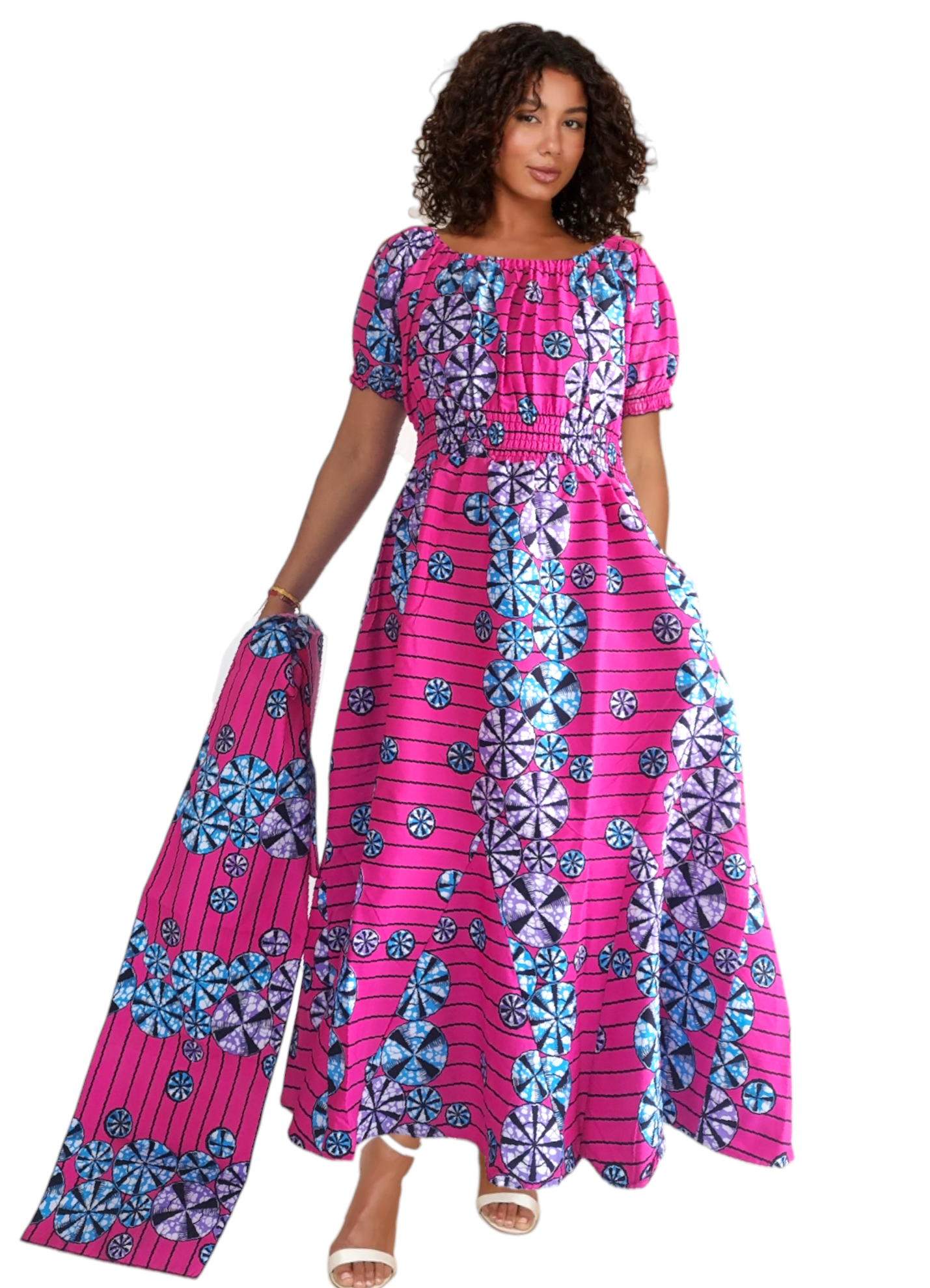 Long Printed Maxi Dress /short puff sleeve