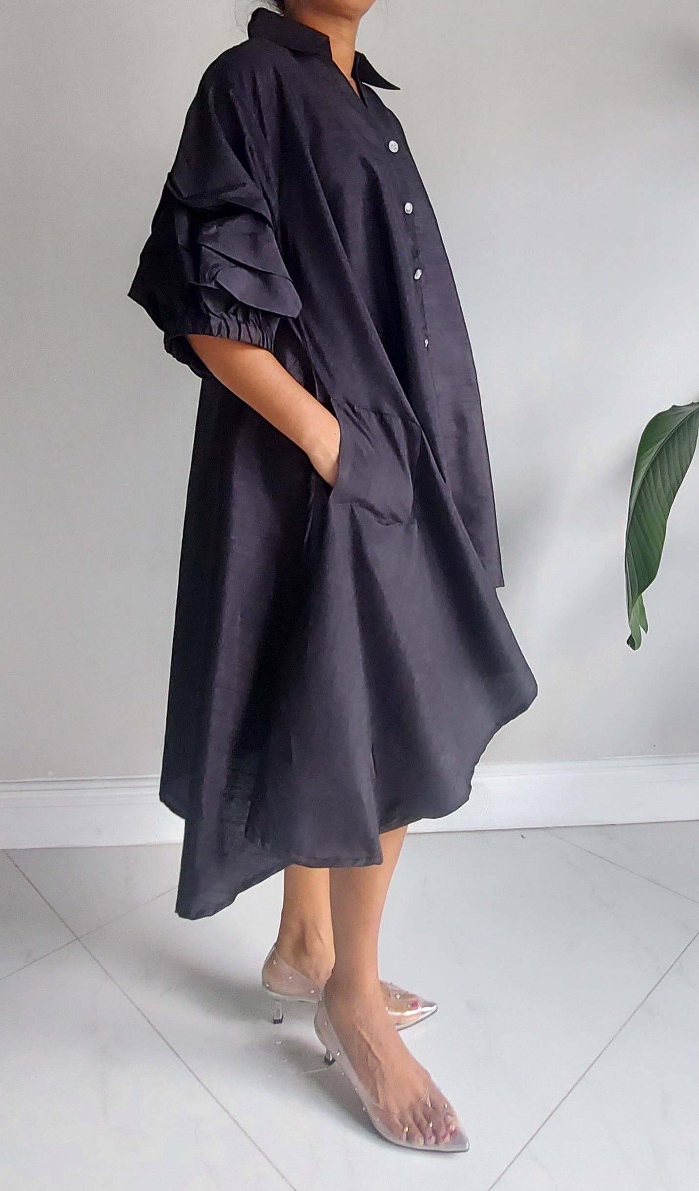 Swing Dress/ Faux Silk/ Ruffle Sleeve-black