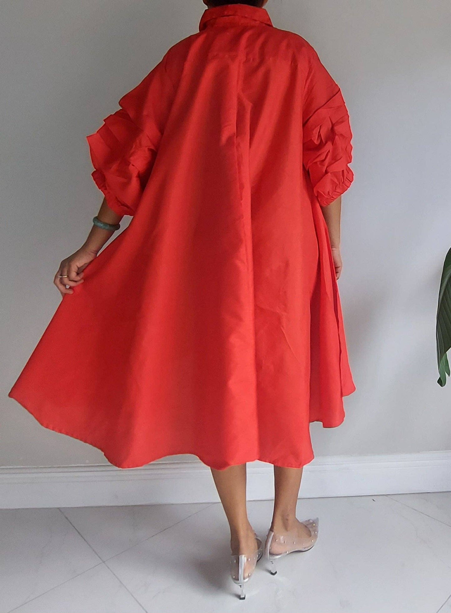 Swing Dress/ Hi/Lo Button Down Dress/ Ruffle Sleeve - Red