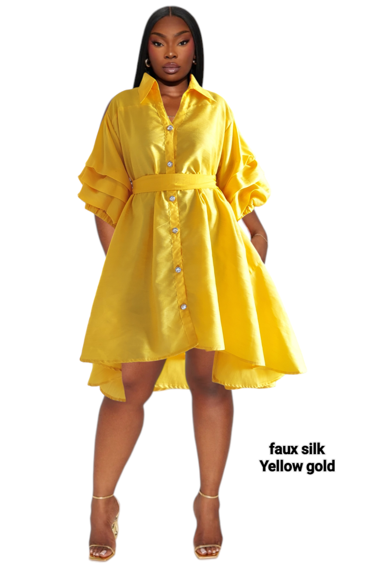 Swing Dress/ Faux Silk/ Ruffle Sleeve - Yellow Gold