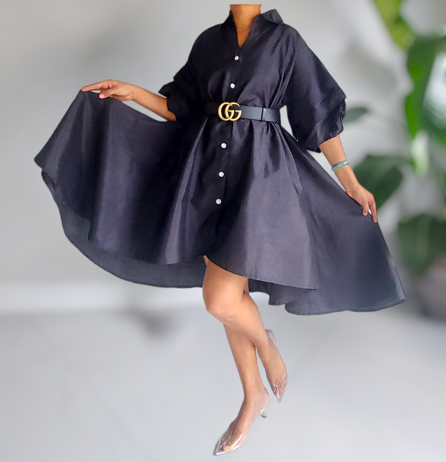 Swing Dress/ Faux Silk/ Ruffle Sleeve-black