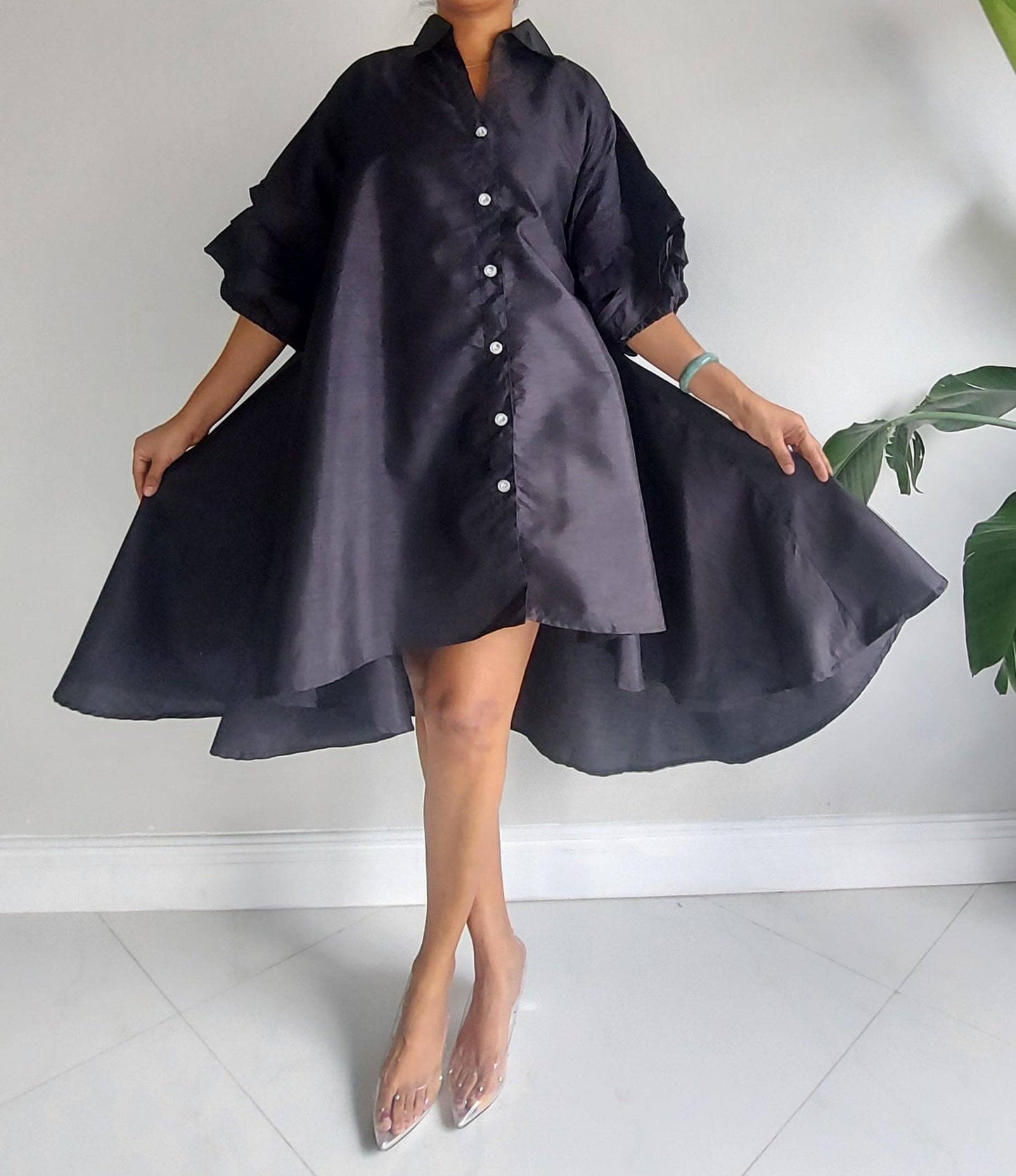 Swing Dress/ Faux Silk/ Ruffle Sleeve-black