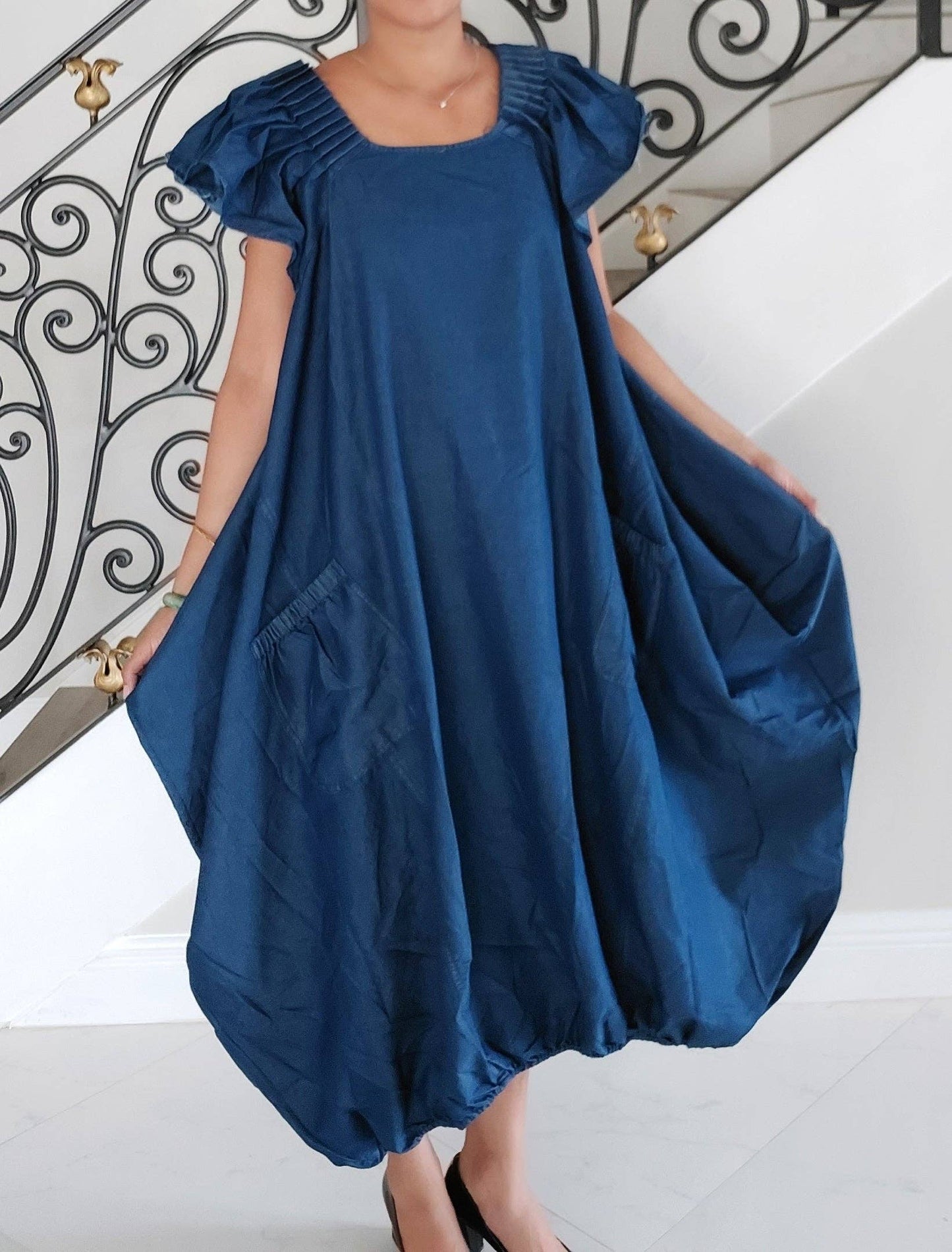 Ballon Dress/ Solid/Blue Denim- 7745