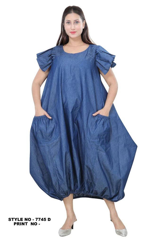 Ballon Dress/ Solid/Blue Denim- 7745