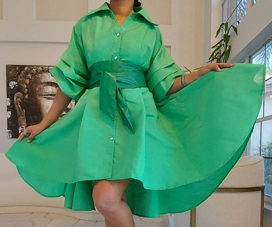 Swing Dress/ Faux Silk/ Ruffle Sleeve - Green