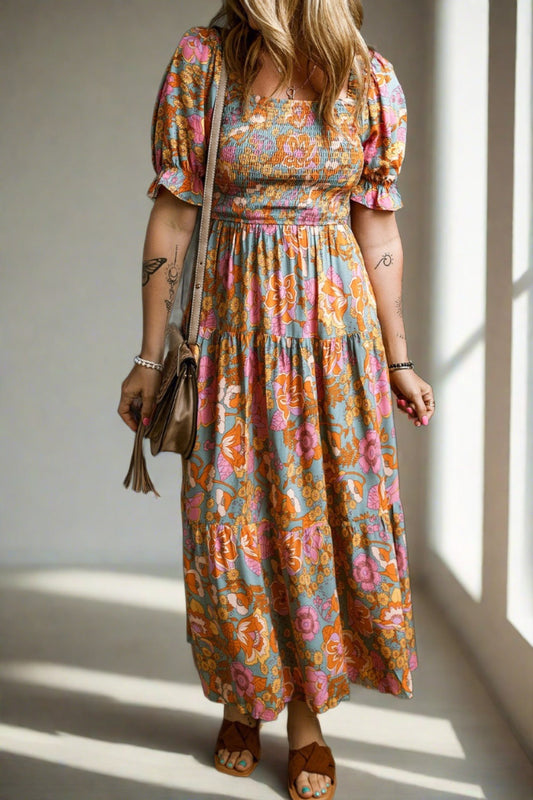 Smocked Printed Short Sleeve Dress