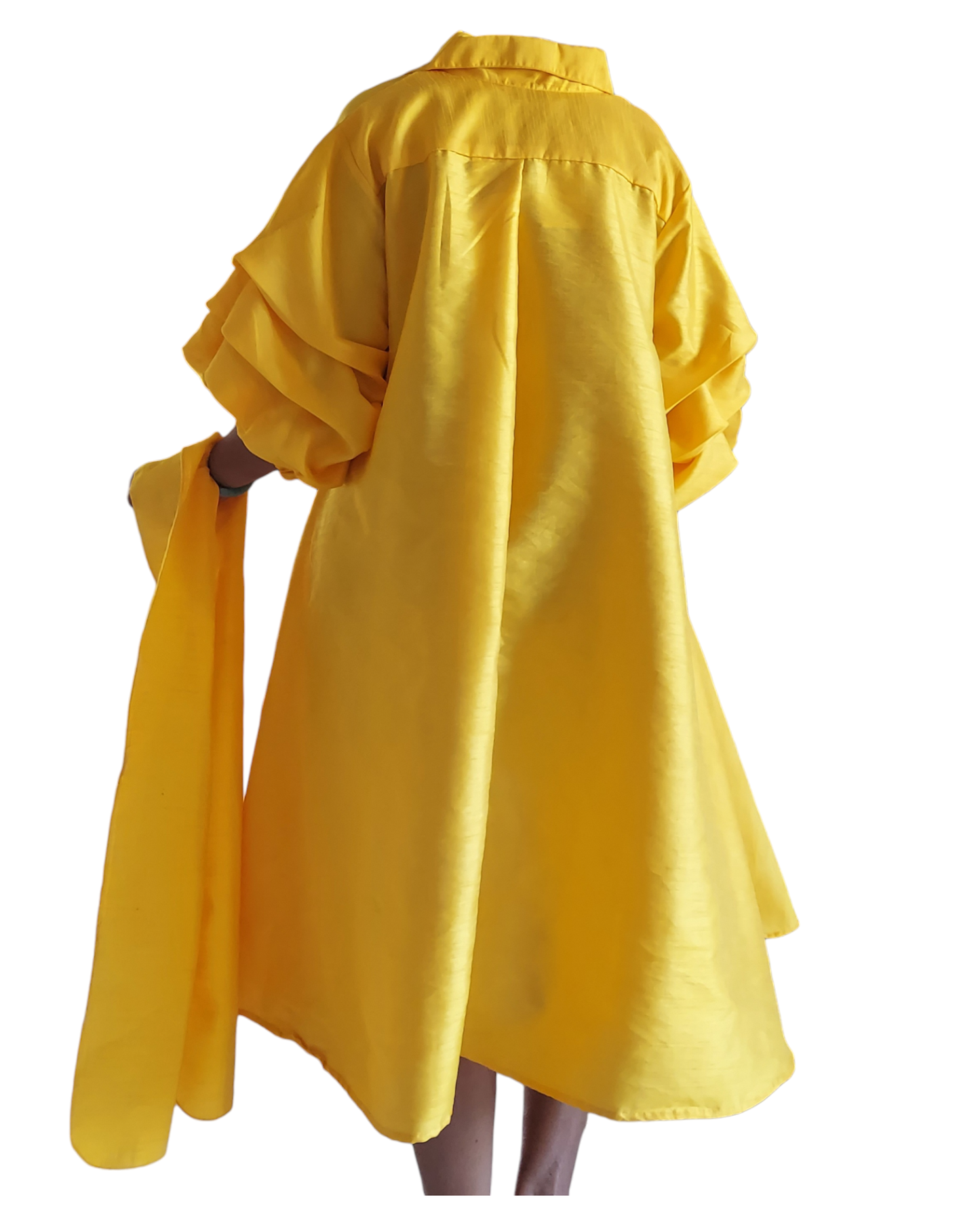 Swing Dress/ Faux Silk/ Ruffle Sleeve - Yellow Gold