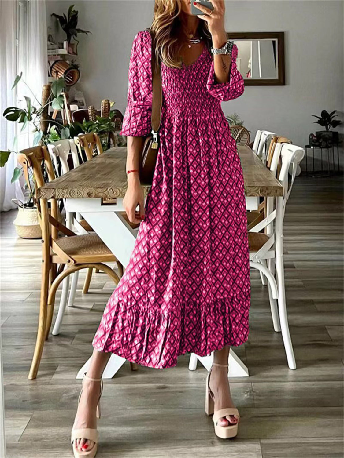 Smocked Printed V-Neck Midi Dress