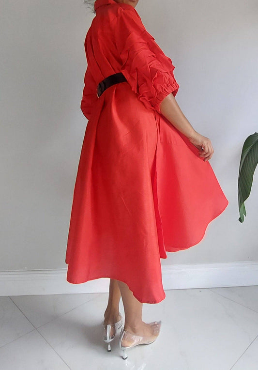 Swing Dress/ Hi/Lo Button Down Dress/ Ruffle Sleeve - Red