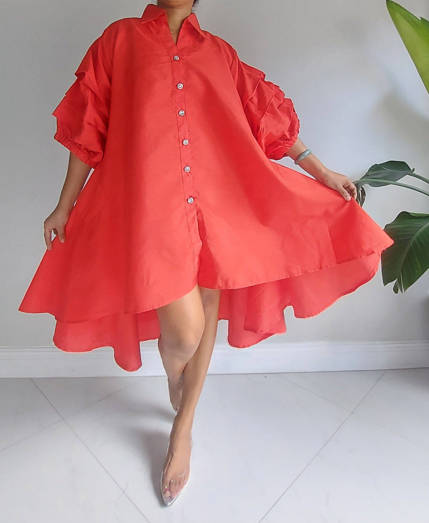 Swing Dress/ Hi/Lo Button Down Dress/ Ruffle Sleeve - Red