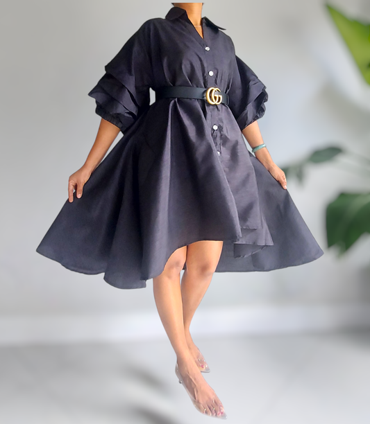 Swing Dress/ Faux Silk/ Ruffle Sleeve-black