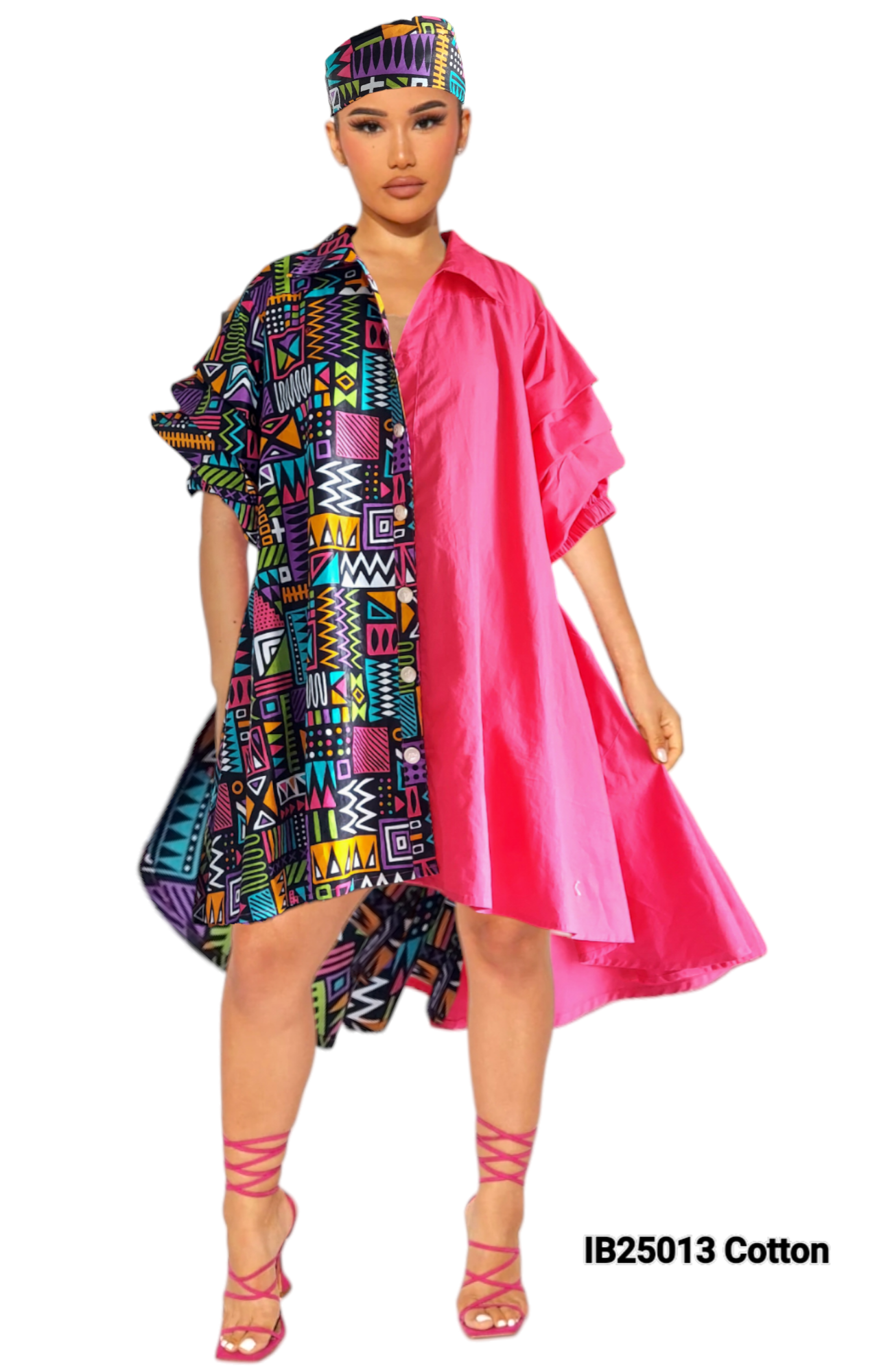 Karey Aztec  Swing Dress/ Cotton / Ruffle Sleeve - Two Tone