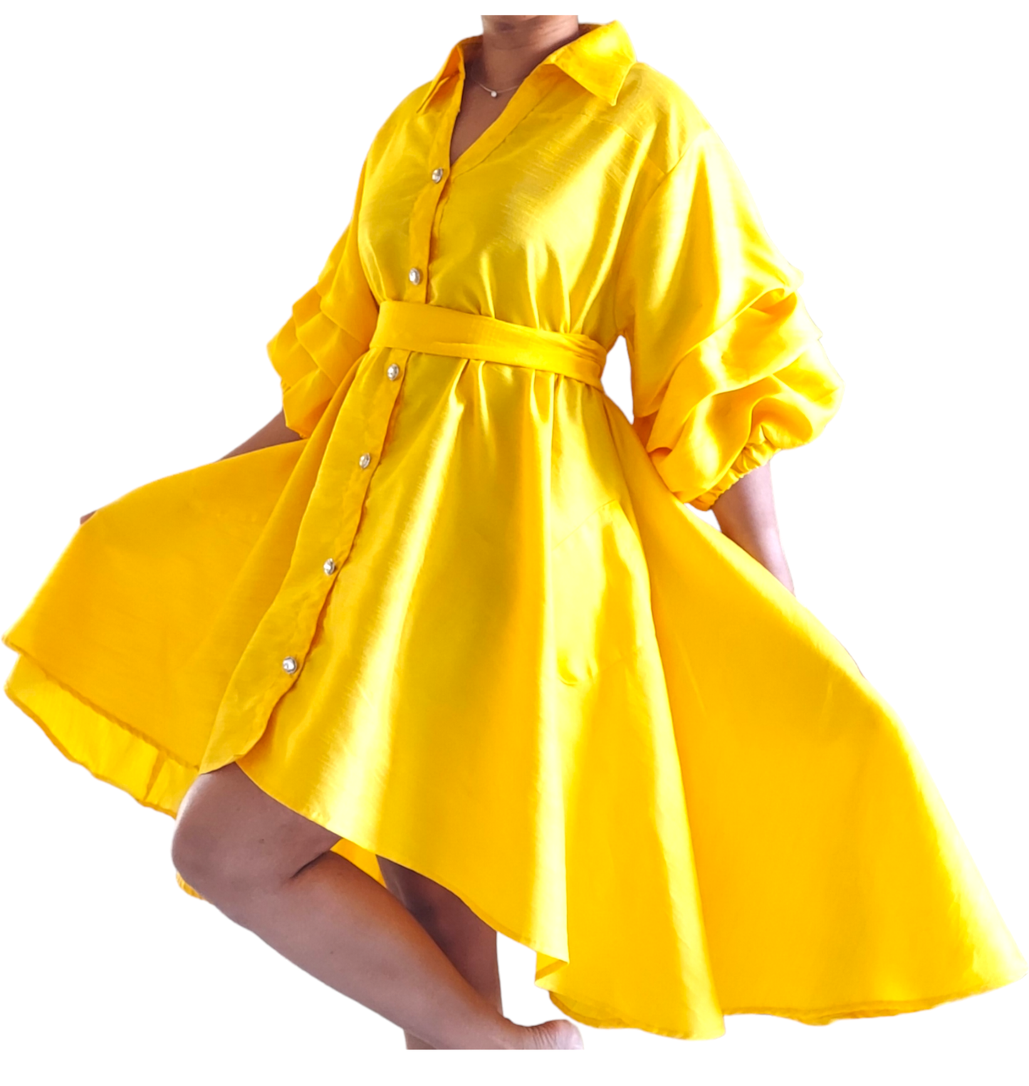 Swing Dress/ Faux Silk/ Ruffle Sleeve - Yellow Gold