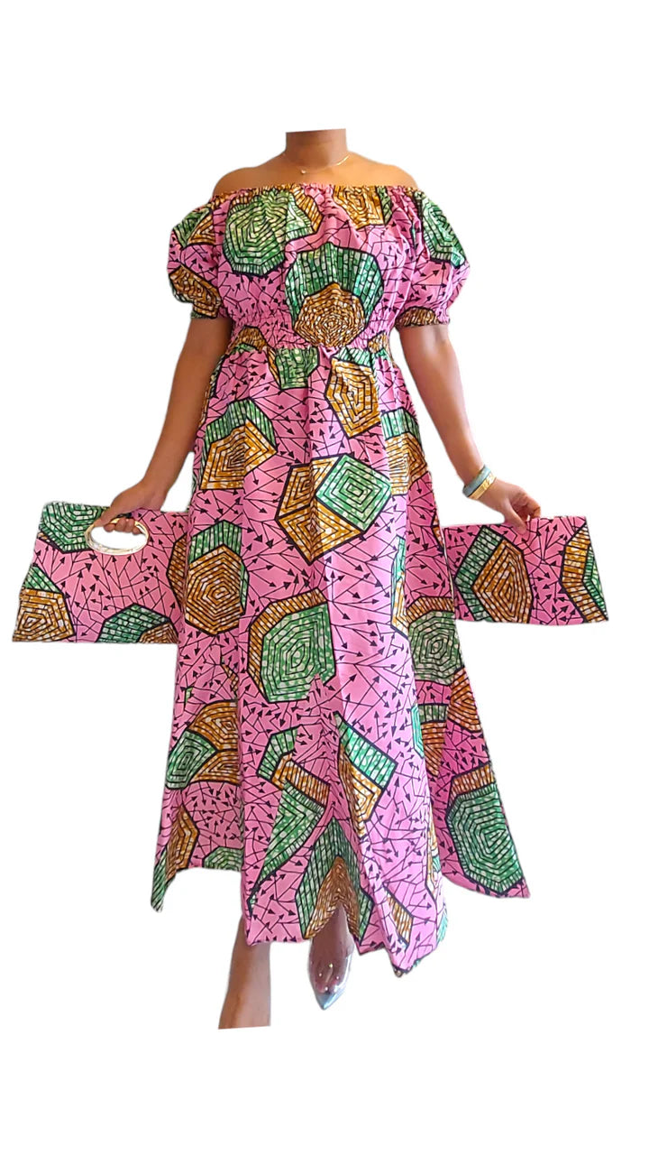 Pink and green print puff sleeves