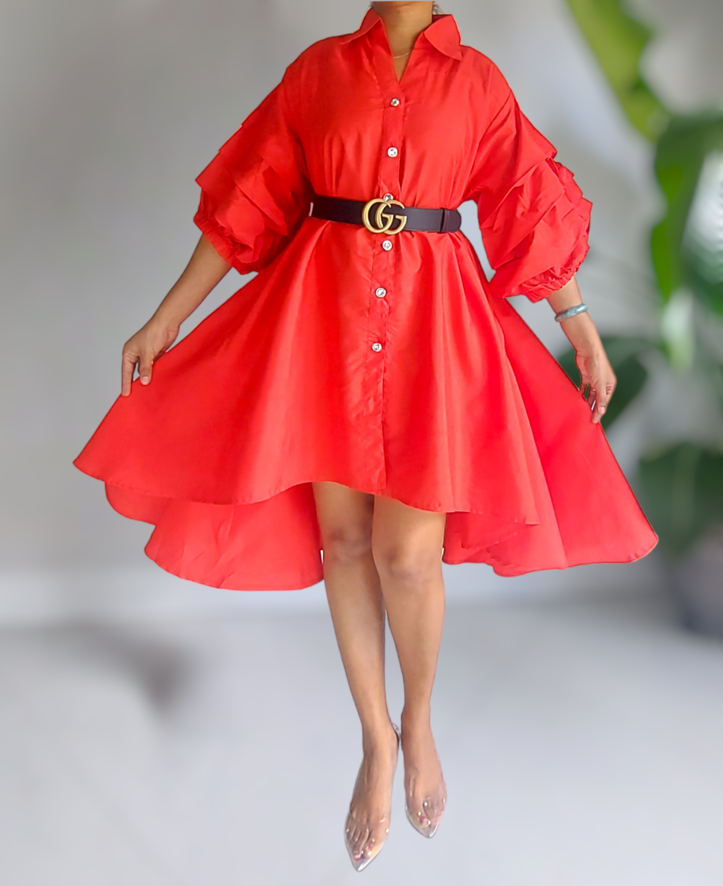 Swing Dress/ Hi/Lo Button Down Dress/ Ruffle Sleeve - Red