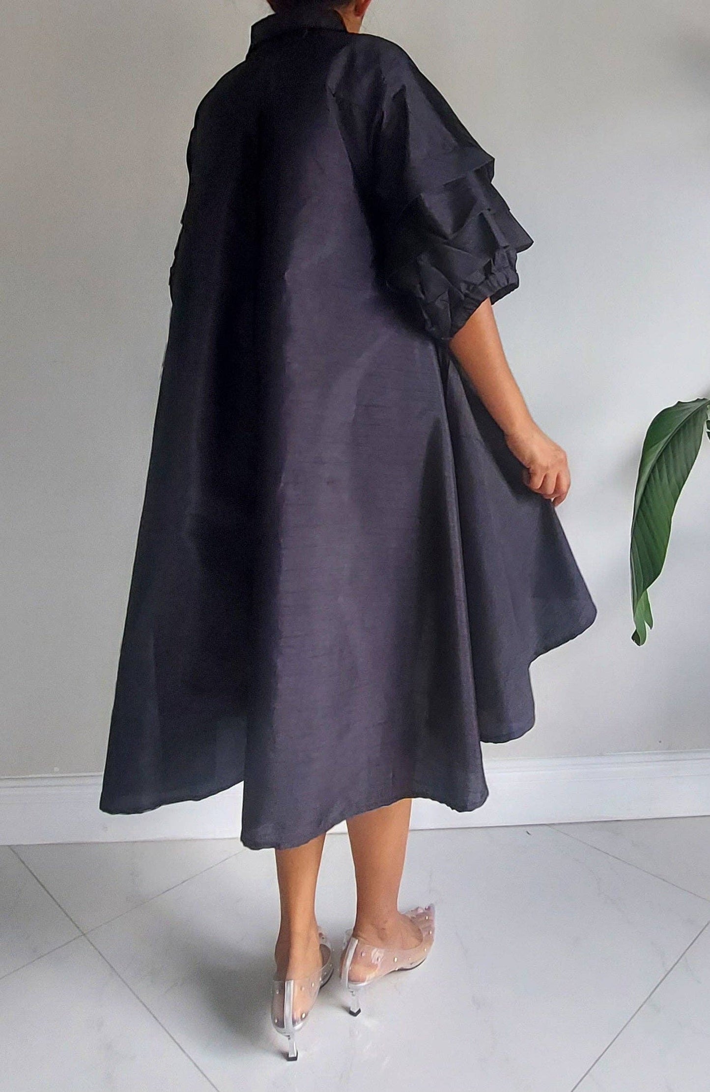 Swing Dress/ Faux Silk/ Ruffle Sleeve-black