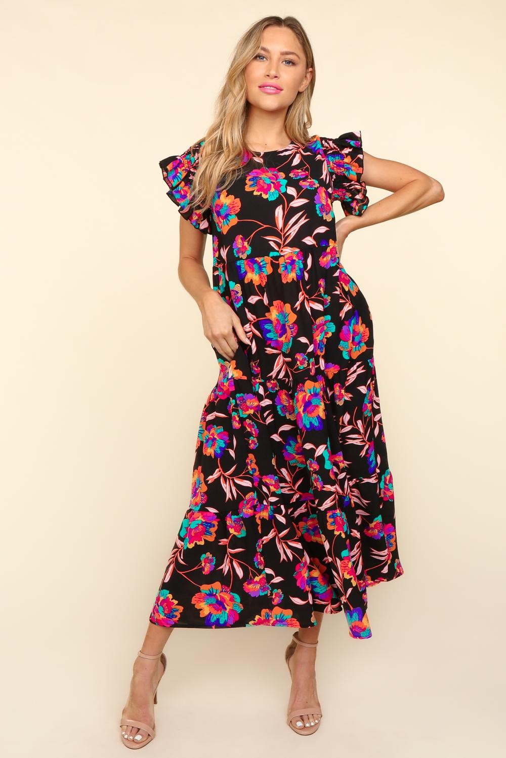 Haptics Ruffled Printed Round Neck Cap Sleeve Dress