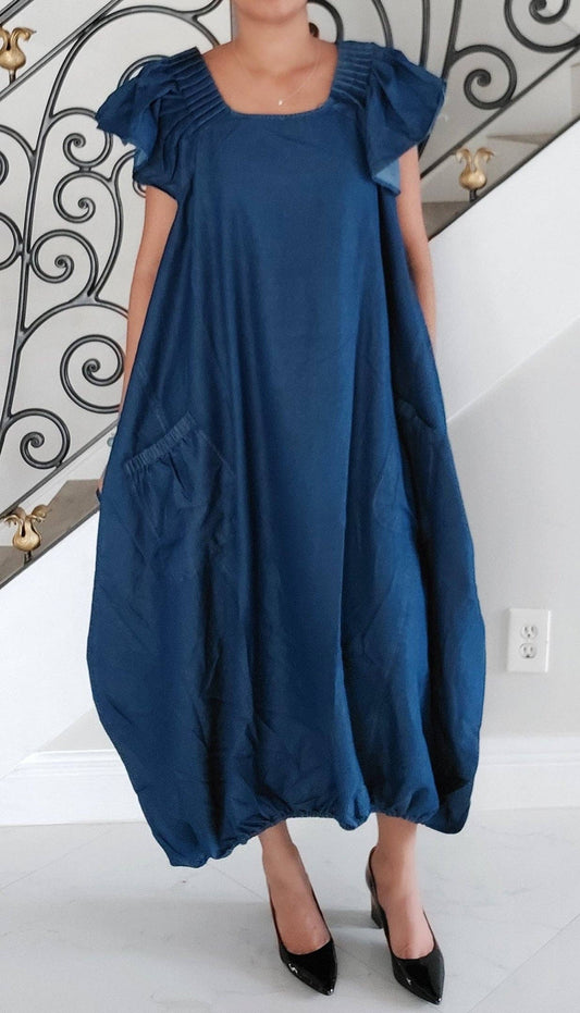 Ballon Dress/ Solid/Blue Denim- 7745