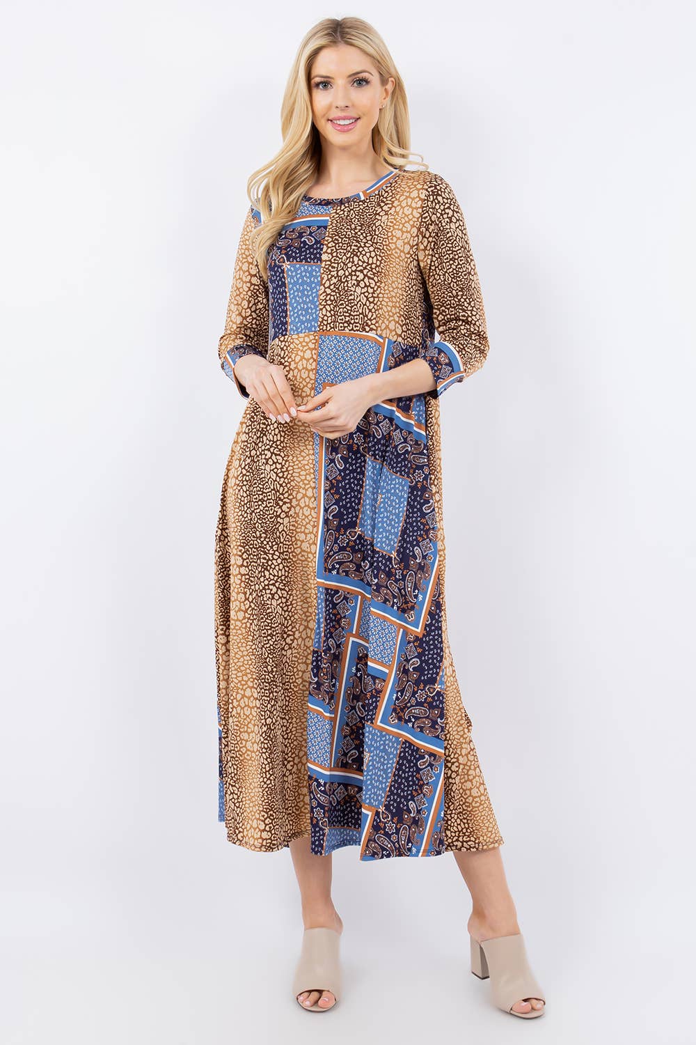 PLUS SIZE ANIMAL PRINT MODEST COLOR BLOCK DRESS -CD43836-PL