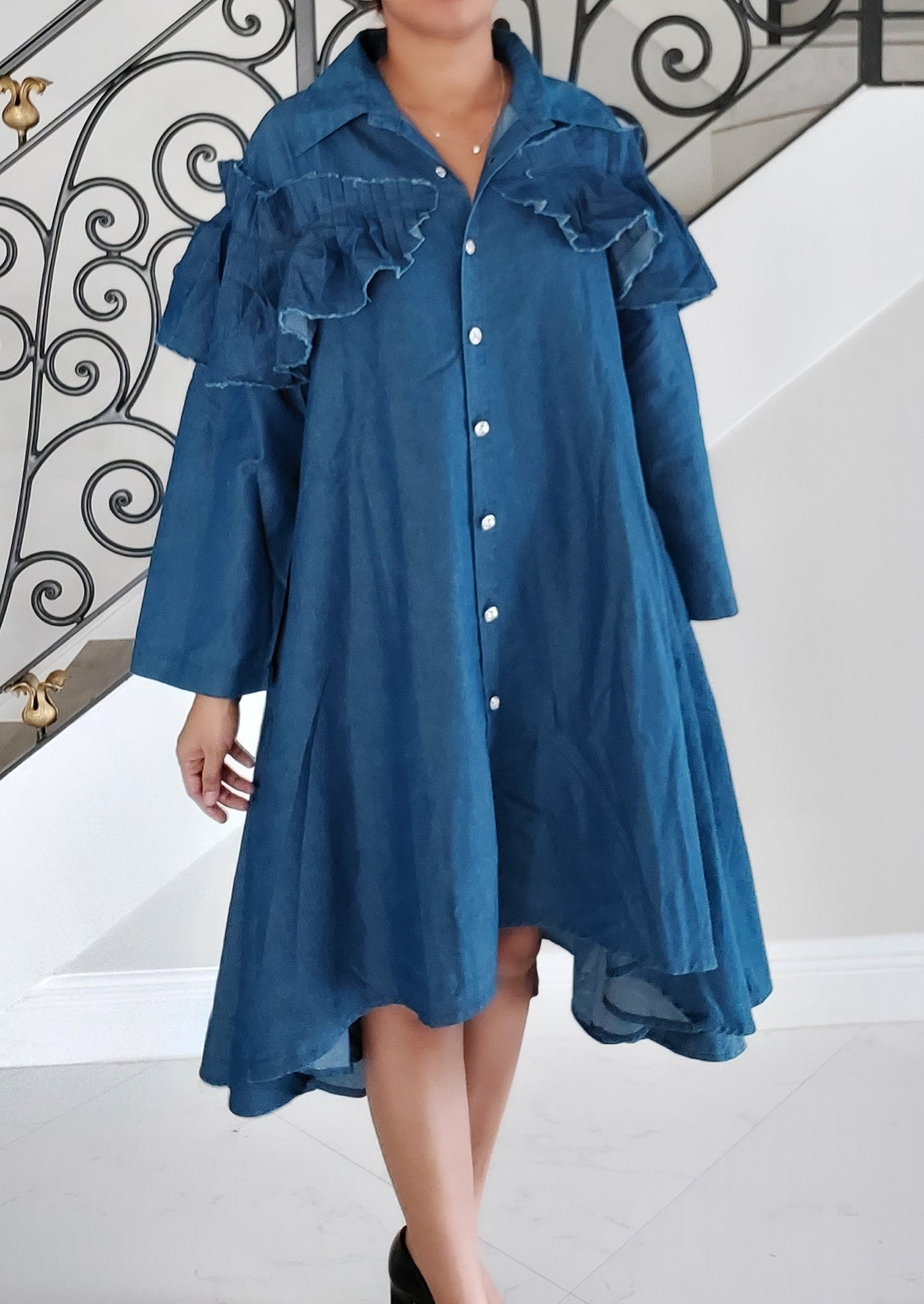 Blue Denim Swing Dress with Fringe