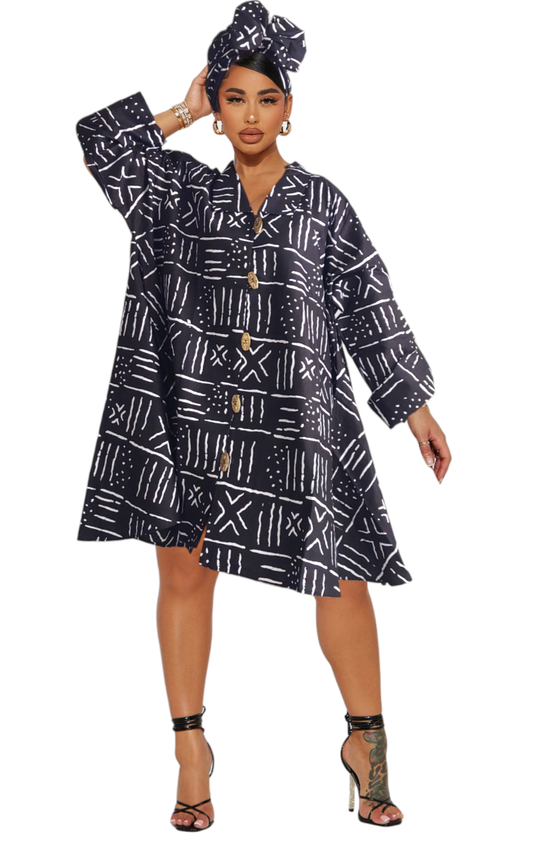 Karey Short Dress/Blouse Black and white Tribal print